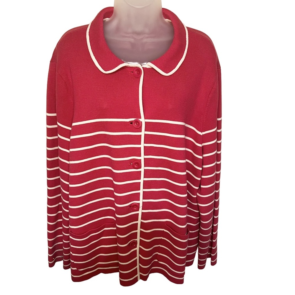 Talbots 3X Cardigan Knit Collar Button Down Pink White Stripe Big Button Pockets